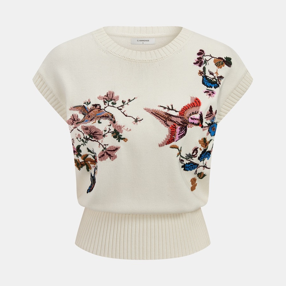 Commense Embroidered Bird Floral Sweater Vest